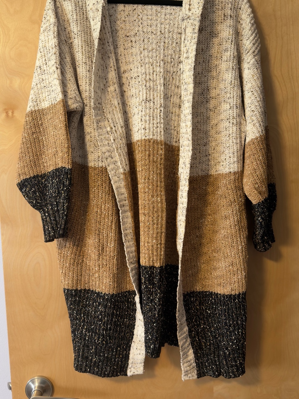 Lush Colorblock Open-Front Cardigan in Cream, Tan & Black